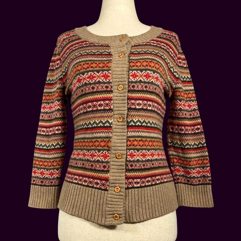 Talbots Wool Blend Fair Isle Striped Autumn Cardigan Women Petite S Cottage Boho